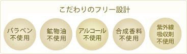 パラベン不使用、鉱物油不使用、アルコール不使用、合成香料不使用、紫外線吸収剤不使用