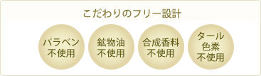 パラベン不使用、鉱物油不使用、合成香料不使用