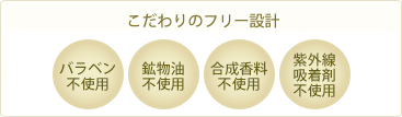 パラベン不使用、鉱物油不使用、合成香料不使用、紫外線吸収剤不使用